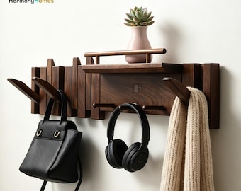 Kapstokken voor aan de muur, plank met haken, planken bij de ingang, kapstok, houten kapstokhaken, sleutelhaken, handgemaakte meubels, housewarmingcadeaus