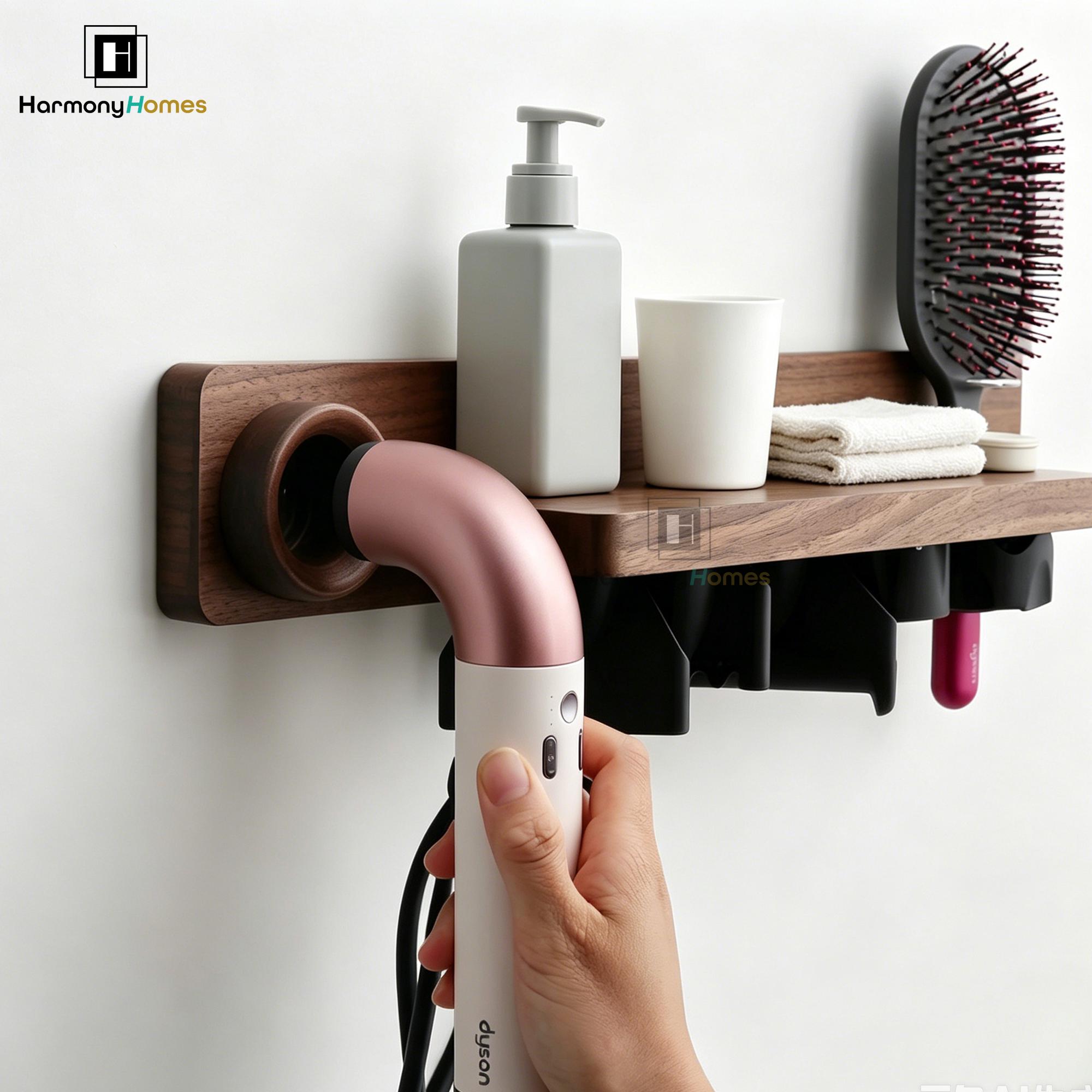 Solid Walnut Hair Dryer Holder, Dyson HD17 Wall Mount Shelf, Comb