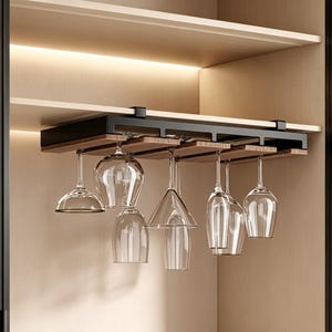 Pode incluir: Um suporte para taças de vinho em metal preto e madeira montado sob uma prateleira. O suporte possui várias ranhuras para pendurar diversos copos de cristal transparente, incluindo taças de vinho e uma de martini, suspensas pela base.