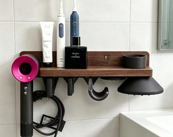 Walnussholz Haartrockner Halter Wandhalterung, NoDrill Haar Werkzeug Organizer Kompatibel mit Dyson HD15, Badezimmer Aufbewahrungsregal, Dyson Haartrockner Ständer