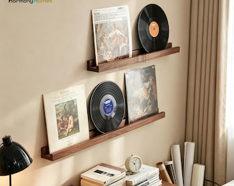 Black Walnut Floating Record Player Shelf, Vintage Vinyl Display Stand
