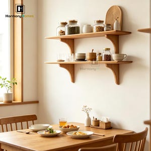 Puede incluir: Estanterías de madera con varios frascos, cuencos y tazas. Las estanterías están fijadas a una pared blanca. Una mesa de comedor de madera está puesta con platos, cuencos y vasos. La imagen incluye el texto "Harmony Homes".