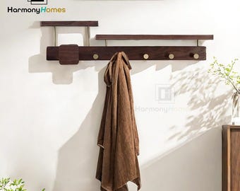 Black Walnut Key Rack with Shelf, Brass Hooks, Wall Mounted
