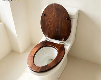Toilettendeckel, dunkelbrauner Toilettensitz aus Holz, Toilettensitzbezug aus Walnussholz, mit MicroLift, Toilettensitzbezug aus Holz mit Zierleisten und Carving