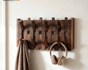 Walnut Coat Rack Wall Mount, Double Layer Wooden Hooks, Entry Storage