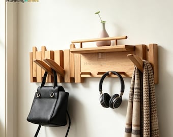 Cherry Wood Coat Rack Shelf, Piano Key Hooks, Entryway Organizer