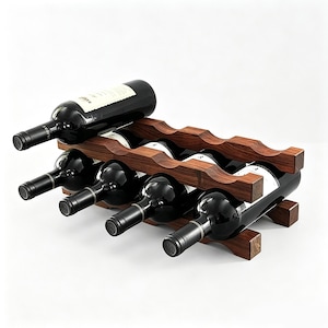 May include: A dark brown wooden wine rack with a wavy, scalloped design holding five glass wine bottles. The rack features a horizontal frame with cutouts to secure the bottles in place, showcasing a natural wood grain finish throughout the structure.