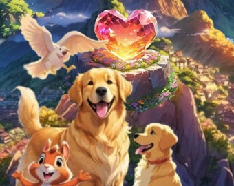 Op de afbeelding: Een kleurrijke illustratie van een golden retriever-hond genaamd Leo en zijn vrienden, een eekhoorn, een muis en een duif, die voor een magische berg staan met een grote roze hartvormige kristal op de top. De titel "Leo en de magische berg" staat in oranje letters bovenaan de afbeelding.