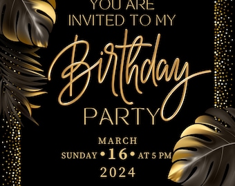 Personalised Unisex black and gold Birthday Invitation, invite, boy invite, girl invite, birthday invitation. Black and gold invitation.