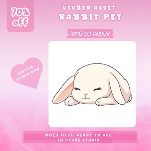 May include: A digital illustration of a cream-coloured rabbit pet with closed eyes, lying down on a white background. The image is set against a pink gradient background with text that reads "VTUBER ASSET RABBIT PET" and "LIVE 2D ASSET".