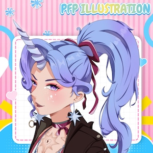 Può includere: Un'illustrazione digitale di un personaggio con capelli viola chiaro raccolti in una coda di cavallo alta e un corno da unicorno sulla fronte. Il personaggio indossa orecchini a forma di stella, un girocollo scuro e una giacca nera sopra un tatuaggio.