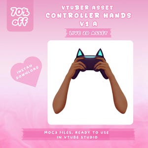 Puede incluir: Ilustración digital de un controlador con diseño de orejas de gato sostenido por dos brazos. El controlador es morado con detalles azules. El texto incluye "VTUBER ASSET CONTROLLER HANDS V1 A LIVE 2D ASSET" e "INSTAN DOWNLOAD".