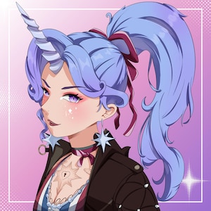 May include: A digital illustration of a character with light blue hair styled in a high ponytail and a single spiraled horn. The character wears star-shaped earrings, a dark jacket, a choker, and a chest tattoo featuring a heart-shaped keyhole.