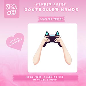 May include: A digital illustration of a black controller with cat ear design held by two arms. The image includes text that reads "VTUBER ASSET CONTROLLER HANDS LIVE 2D ASSET" and "70% off". A pink heart with the words "INSTAN DOWNLOAD" is also present.