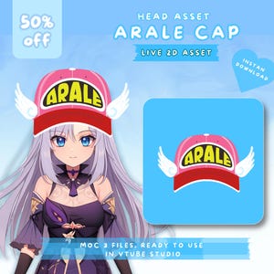May include: A pink and red baseball cap with white wings and the word "ARALE" in yellow letters. The cap is a 2D asset for use in VTuber Studio.