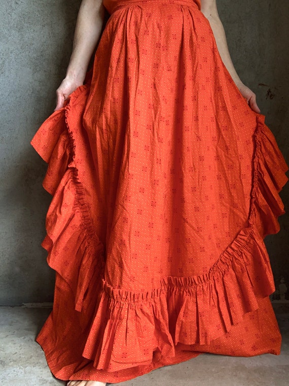 Vintage 1970s orange cotton ruffled maxi skirt
