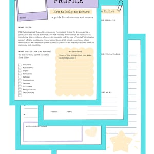 Op de afbeelding: Een printbaar werkblad met de titel "Mijn PDA-profiel" met een lichtblauwe achtergrond. Het werkblad is een gids voor leerkrachten en verzorgers om iemand met Pathologische Vraagvermijding (PDA) te helpen gedijen. Het werkblad bevat secties voor het identificeren van triggers, copingmechanismen en favoriete dingen.