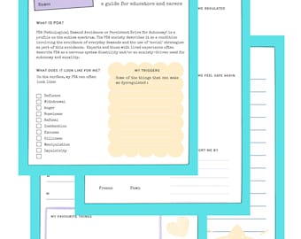 May include: A printable worksheet titled "My PDA Profile" with a light blue background. The worksheet is a guide for educators and carers to help someone with Pathological Demand Avoidance (PDA) thrive. The worksheet includes sections for identifying triggers, coping mechanisms, and favorite things.