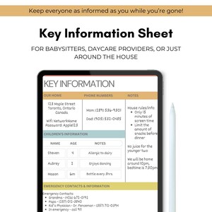 Important/Key Information Sheet for Caregivers, Daycare Providers, Babysitters, Etc. Instant Download and Reusable.