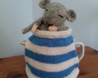 Hand knitted Cornish Dormouse tea cosy, teapot cosy, teapot cover, Mad hatters tea party. A gift for all occasions, mothers day, Easter gift