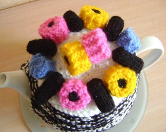 Hand knitted teapot cozy, tea cosy with liquorice allsorts sweets.  Size medium. A special gift for all occasions