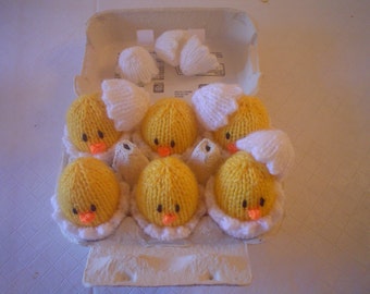 Hand knitted 6 hatching Easter chicks in their own shells (and optional egg box). Easter gift.
