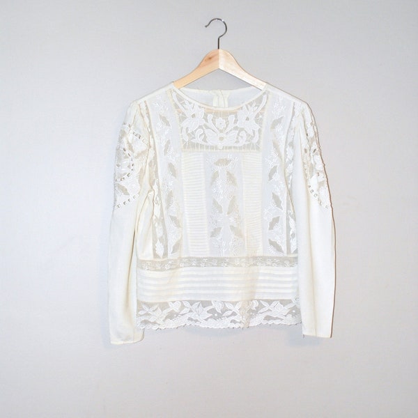 30s deco blouse // cream rayon and lace // vintage 20s 30s antique lace blouse
