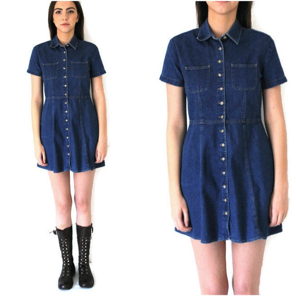 Reserved// button up denim dress 90s minimalist dark jean mini dress small