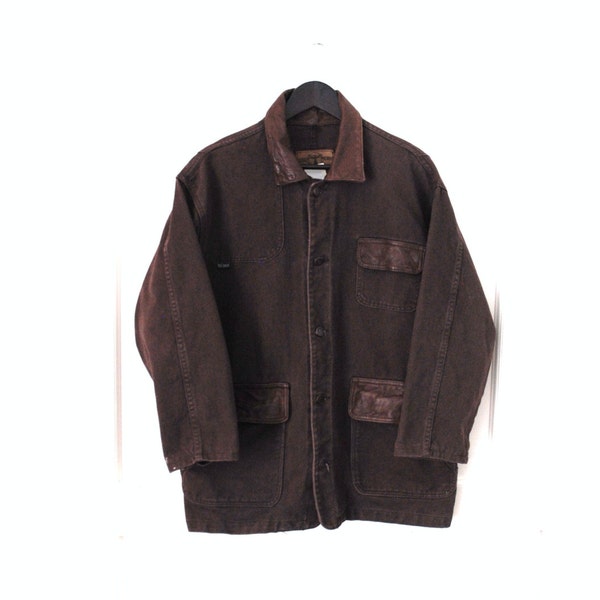 long brown DENIM jacket 80s 90s LEATHER trim collar minimal unisex woodland jean jacket medium