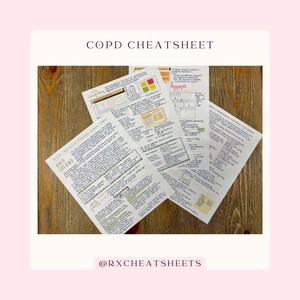 May include: A collection of handwritten notes on white paper with the title "COPD CHEATSHEET" at the top. The notes include information about COPD, including background, diagnosis, and treatment. The notes are organised in a clear and concise manner, making them easy to read and understand.