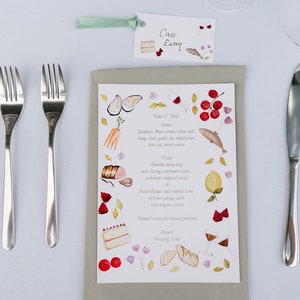 Modelo de cardápio de casamento, modelo de cardápio para jantar, design de cardápio colorido desenhado e pintado à mão