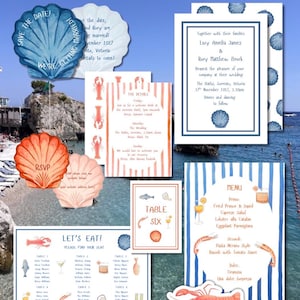 Coastal Wedding Stationery Suite | Watercolour Shells, Seafood Illustrations (Canva Template)
