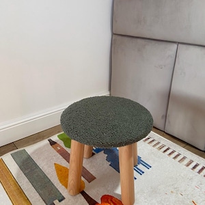 Wooden Kids Stool with Boucle Seat, Chair for Toddlers, Baby Room Furniture, Gift for Daughter, Nursery Decor, Playroom Seat for Little Ones