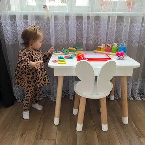Custom Kids Activity Table and Chair Set - Handmade Wooden Furniture for Playroom, Room Baby Seat in White Wood - Ideal New Baby Gift
