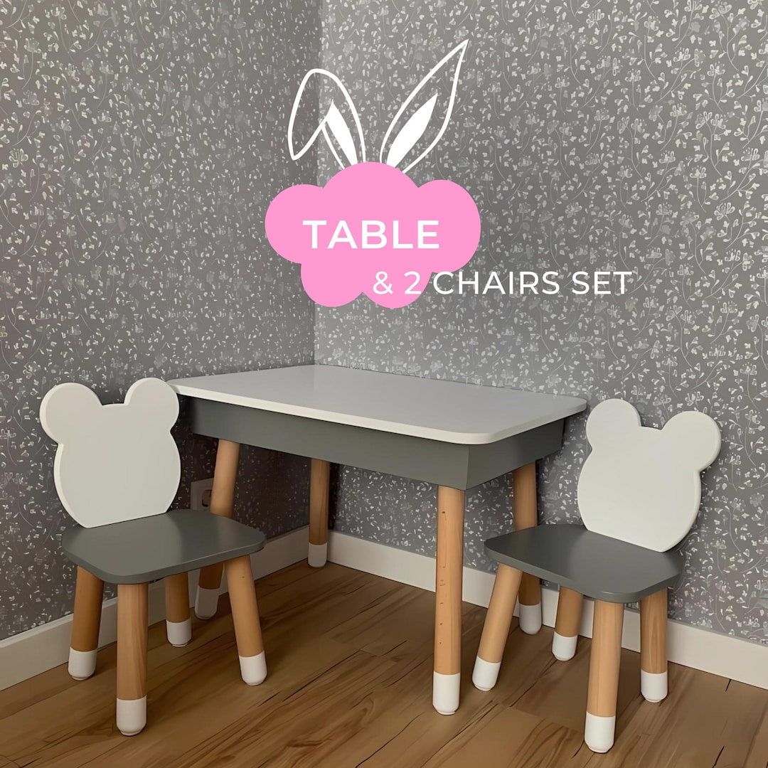 Table & 2 Chair Set, Wooden Kids Furniture Set - Perfect Playroom Table ...