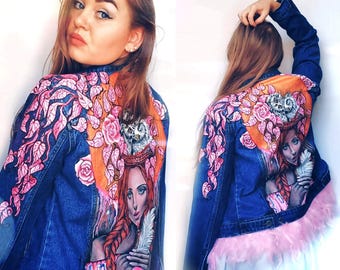 Hand-Painted Denim Jacket – Unique Custom Jean Jacket with Glow-in-the-Dark Art & Feathers, Festival Statement Piece