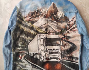 Personalized Hand-Painted Denim Jacket – Custom Truck Mountain Design