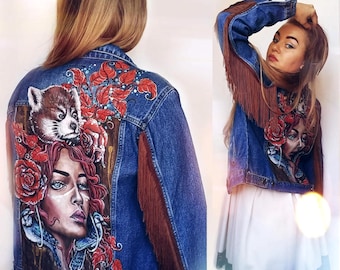 Boho Hand-Painted Denim Jacket – Unique Artistic Jean Jacket with Fringe. Custom Painted Western Jacket for Women & Festival Fashion.