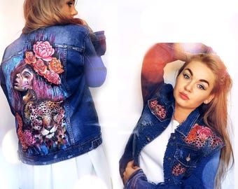 Handbemalte Jeansjacke. Einzigartige Custom Art Jacke. Personalisierte bemalte Jeansjacke. Künstlerische Custom Jacke.