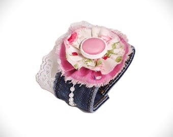 Upcycled Denim Bracelet, Boho Pink Jean Wristlet