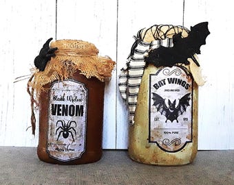 PRIMITIVE JARS, Grungy Halloween Jars, Country Decor, Set of 2