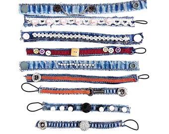 Upcycled Denim Bracelet, Buttons Beads Rhinestones