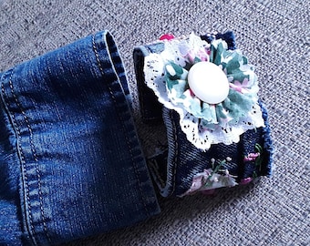 Upcycled Denim Bracelet, Embroidered Pink Jean Cuff