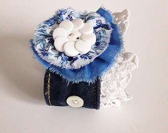 Upcycled Denim Bracelet, Boho Blue Jean Wristlet