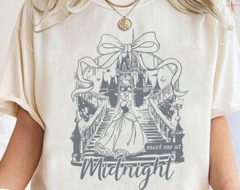 Camiseta "Encuéntrame a medianoche", sudadera con Cenicienta bajando las escaleras del castillo, camiseta con lazo coqueto, camisetas de regalo para vacaciones familiares de Disney