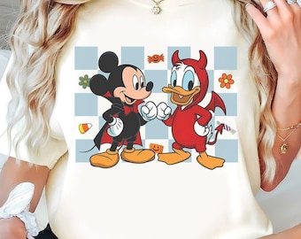 Disney Halloween Besties Shirt, Vampire Mickey Devil Donald Tee, Disney Bro Squad, Fist Bump Trick Or Treat, Retro Checkered Fall Vacation
