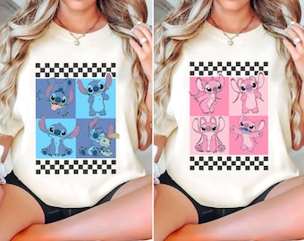 Stitch Angel Retro Checkered 90S T-shirt, Lilo And Stitch Couple Shirts, Comfort Color Tee, Disneyland Family Trip Shirt, Magic Kingdom Tee