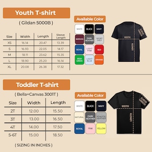 May include: A product image with sizing charts for Youth and Toddler t-shirts. The Youth t-shirt chart (Gildan 5000B) lists sizes XS-XL with width and length measurements in inches. The Toddler chart (Bella+Canvas 3001T) lists sizes 2T-5/6T. Available colors are shown.