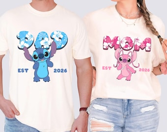 Camisetas a juego de Disney Stitch Angel para mamá y papá, camiseta de vacaciones familiares de Lilo y Stitch, atuendo para futuros padres (est. 2026), ropa para el viaje a Aulani Hawái