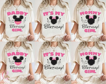Disney Minnie verjaardagsshirt, T-shirts voor mama en papa van de jarige, bijpassende familie-outfits met roze strik voor de verjaardag, T-shirts voor een tripje naar Magic Kingdom